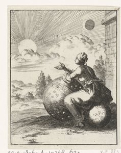 Femme assise sur un globe terrestre et appuyée sur un globe céleste regardant le coucher du soleil