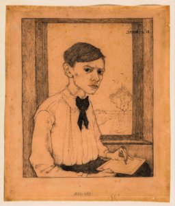 Autoportrait, trois quarts à droite, dessinant devant la fenêtre