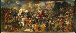 La bataille de Grunwald, au cours de laquelle une armée polono-lituanienne, menée par le roi de Pologne Wladyslav II Jagiello ... (peinture sur toile)