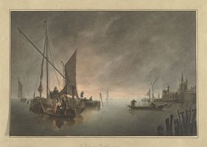 Navires devant une ville fortifiée au coucher du soleil