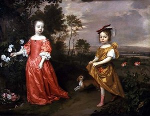 Deux enfants et un chien dans un paysage