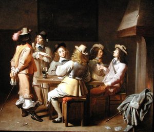 Une salle de garde avec des soldats jouant aux cartes et fumant à une table - Jan Olis