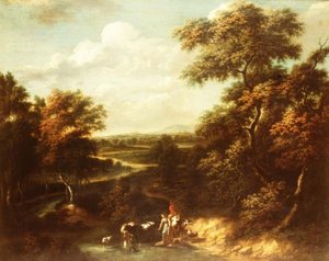 Paysage boisé étendu avec un berger et une paysanne