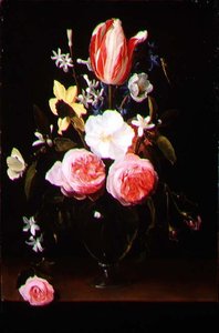 Nature morte avec des fleurs dans un vase en verre