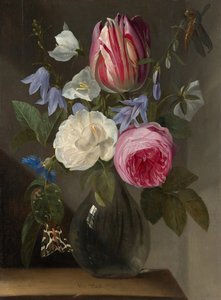 Roses et une tulipe dans un vase en verre - Jan Philips van Thielen