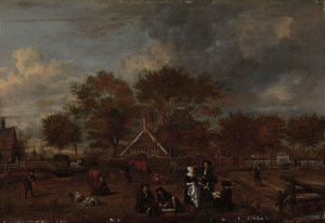 Ferme avec le gentilhomme fermier et sa femme et le peintre au premier plan - Jan Pietersz Opperdoes