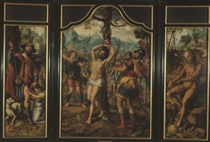 Triptyque du Martyre de Saint Sébastien (panneau central) : Saint Roch (panneau gauche), Saint Onuphre (panneau droit), Saint Pierre (verso du panneau droit), Saint Étienne (verso du panneau gauche), entre 1525 et 1566