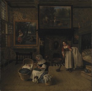 Intérieur avec une femme brodant et berçant un enfant dans un berceau