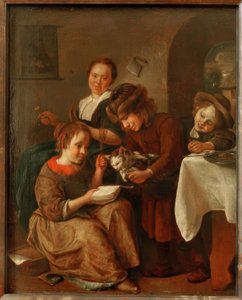 Des enfants apprennent à un chat à lire - Jan Havickszoon Steen