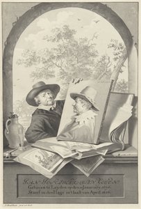 Homme avec un dossier de dessins et un portrait de Jan van Goyen