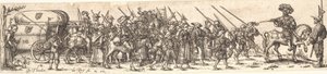 Troupe de soldats, devant un officier à cheval