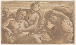 Faune versant du vin pour un homme assis