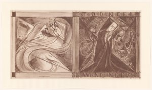 Couverture pour Wendingen avec une nonne avec des fleurs et deux esprits, dont un avec un masque à la main - Jan Toorop
