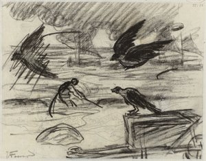 Vue de mer avec pêcheur, au premier plan une brouette avec des oiseaux - Jan Toorop