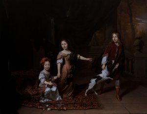 Enfants jouant avec un chien dans un salon - Jan Verkolje