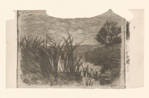 Paysage avec eau, roseaux et barque