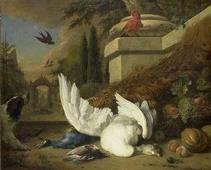 Un chien avec une oie morte et un paon (étude de gibier et de fruits)