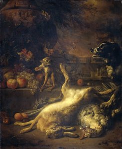 Un singe et un chien avec du gibier mort et des fruits - Jan Baptist Weenix