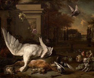 Nature morte avec cygne et gibier devant un domaine de campagne