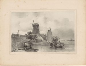 Vue sur une rivière avec un voilier et un moulin