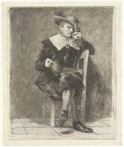 Homme avec cruche et verre sur une chaise