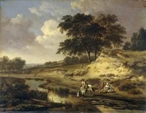 Paysage avec un cavalier abreuvant son cheval