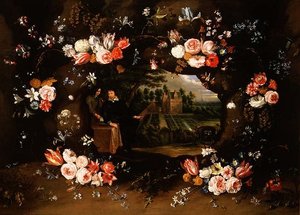 Guirlande de fleurs entourant un médaillon représentant Nicolas de Man devant sa propriété à Anvers