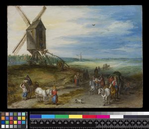 Paysage avec moulin et charrettes, vers 1611