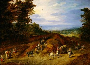 Paysage avec paysans, charrettes et animaux