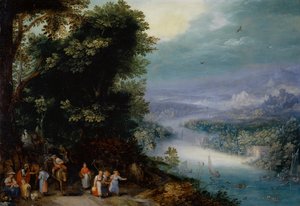 Vallée fluviale boisée avec route, vers 1602