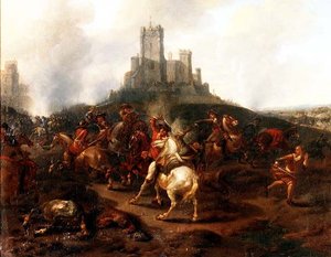 Escarmouche de cavalerie devant une forteresse