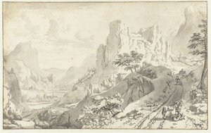 Paysage de montagne avec un cavalier descendu - Jan van Aken