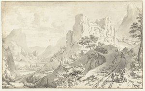 Paysage de montagne avec voyageurs sur une route - Jan van Aken