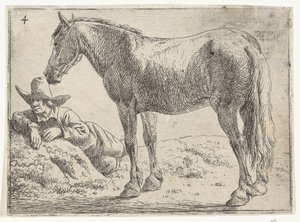 Cheval debout avec cavalier au repos Paysages avec chevaux (titre de la série)