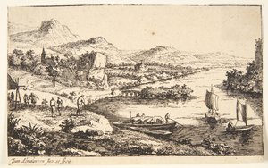 Paysage fluvial avec voyageurs, à droite une péniche et deux barques à voile - Jan van Almeloveen