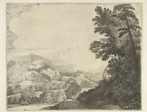 Paysage avec mouton sur colline et arbres
