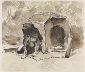 Chien, attaché, assis devant sa niche