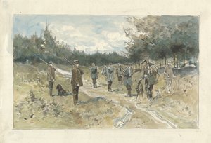 Paysage avec groupe de chasseurs après la chasse sur le Leusderhei