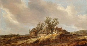 Un vaste paysage de dunes avec des paysans se reposant devant une ferme.