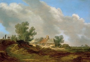 Paysage de dunes avec chalet et personnages