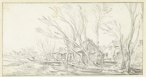 Paysage avec arbres tordus et dénudés devant des fermes