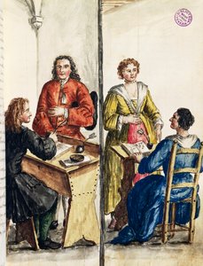 Agence matrimoniale, illustration du livre illustré des costumes vénitiens, par Jan Grevenbroeck (1731-1807), aquarelle, Italie