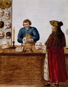 La boutique de masques, illustration du livre illustré des costumes vénitiens, Italie