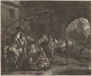 Mère avec deux enfants et un cheval devant une auberge