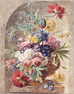 Hollandais : Nature morte aux fleurs dans un vase avec oreille sur un piédestal dans une niche Nature morte aux fleurs - Jan van Huysum