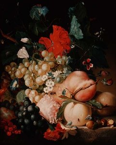 Fleurs et fruits mélangés avec des insectes sur un socle en marbre