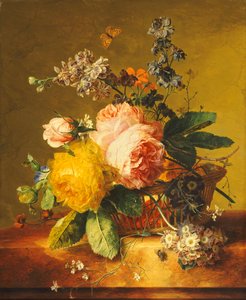 Roses et autres fleurs dans un panier sur une corniche en marbre, vers 1742