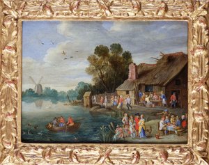 Paysage fluvial avec des gentilshommes à une auberge de village - Jan van Kessel