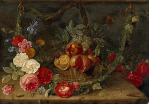 Composition de nature morte décorative avec un panier de fruits