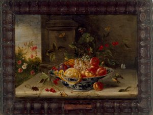 Composition de nature morte décorative avec un bol en porcelaine, des fruits et des insectes, milieu du XVIIe siècle